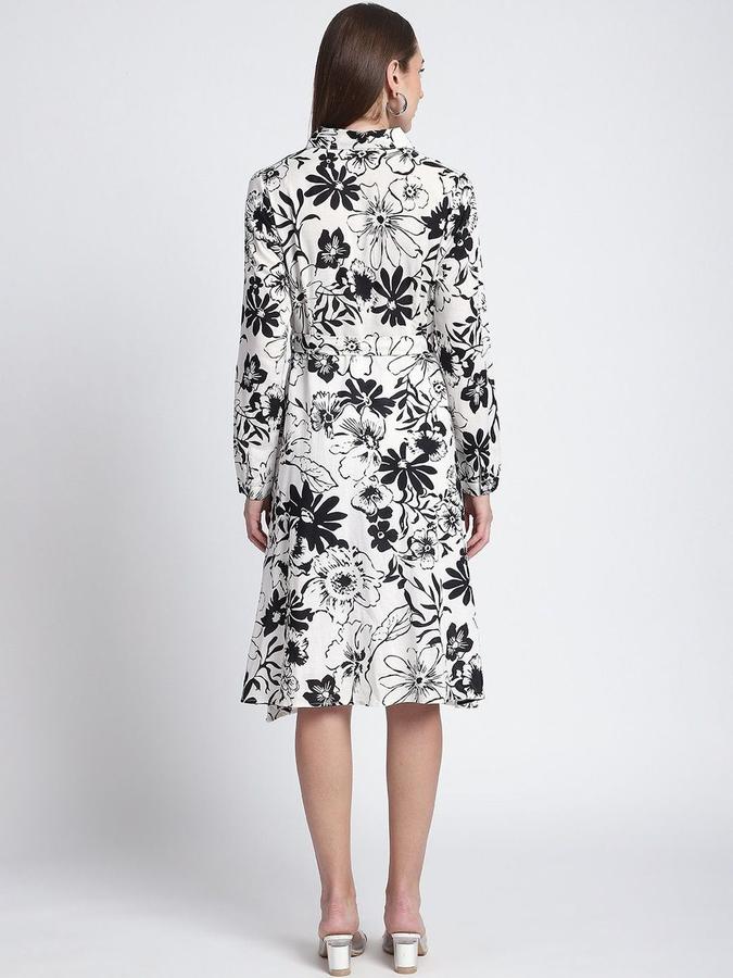 R&B Women Black Floral Long Sleeves Shirt Collar Knee Length A-Line Dress