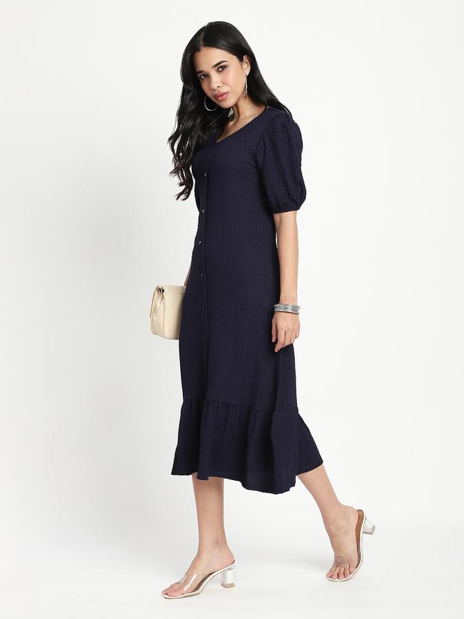R&B Women Navy Solid Button-Front Midi Dress