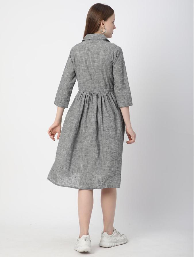 R&B Off White Checked  Women Three-Quarter Sleeves Dress