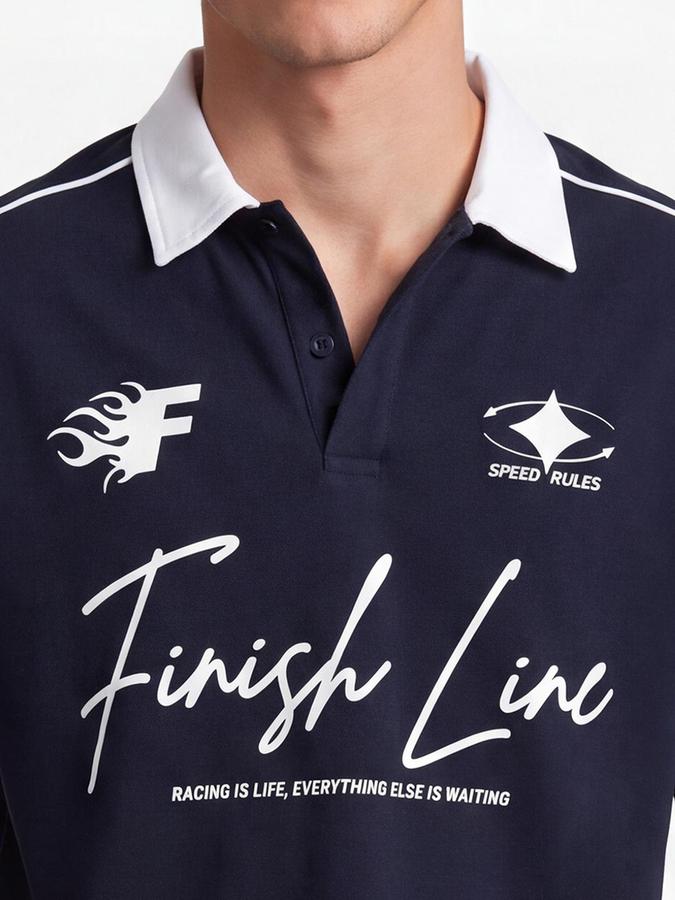 R&B Men Navy Blue Typography Printed Short Sleeves Polo Tshirt