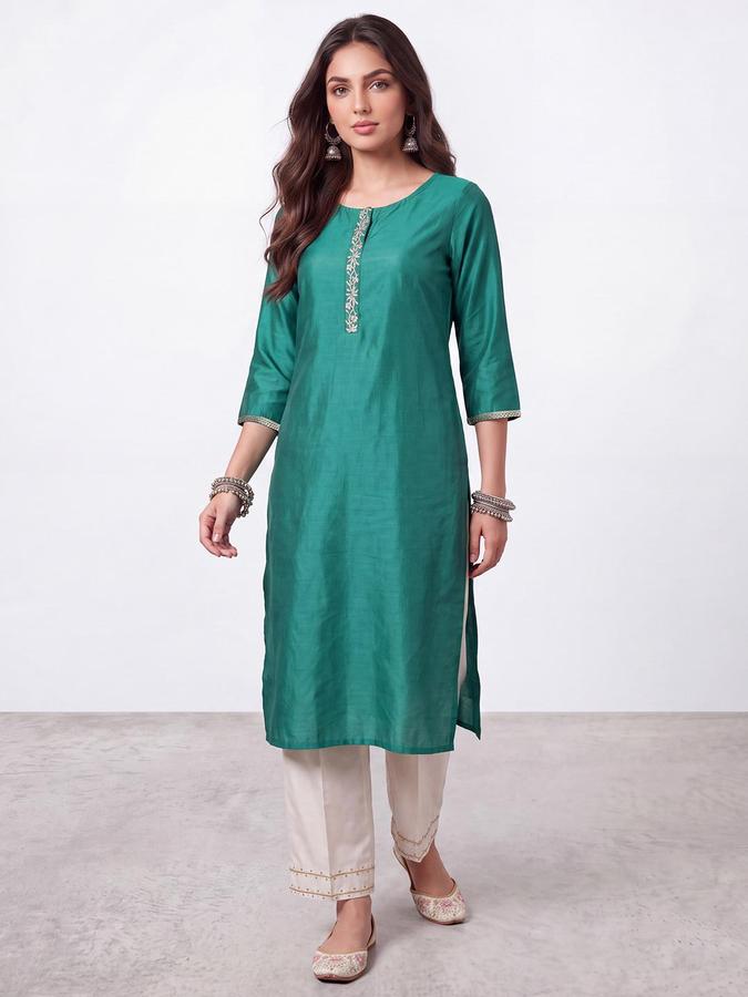 R&B Women Green Solid Round Neck Three-Quarter Sleeves Straight Kurta