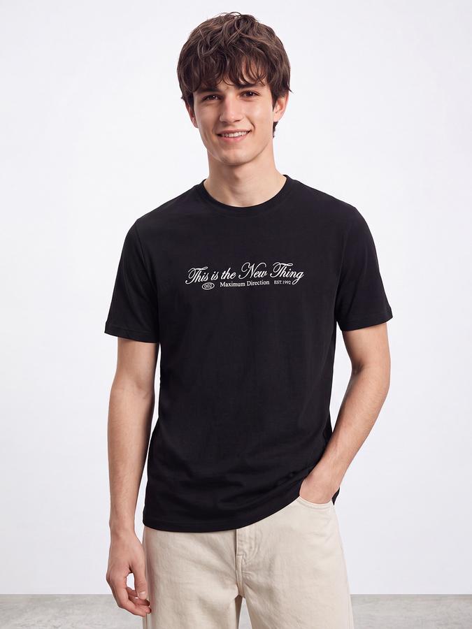 R&B Men Black Typographic Print Short Sleeves Pure Cotton Tshirt
