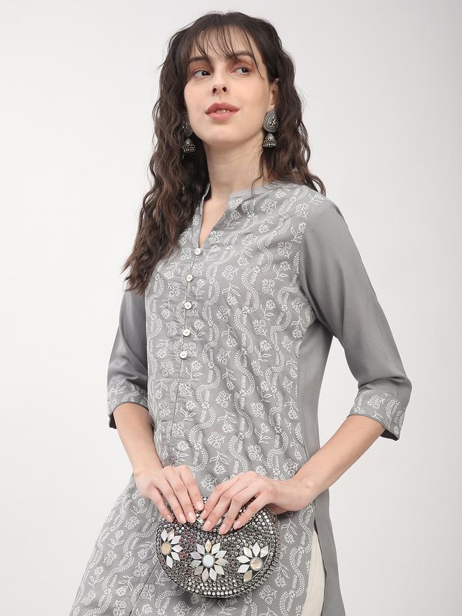 Women's regular fit casual grey chikankari printed front button down  straight kurta 
