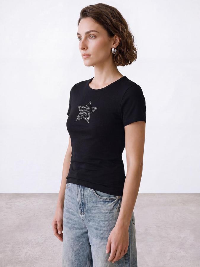 R&B Women Black Short Sleeve Round Neck Star Embellished T-Shirt