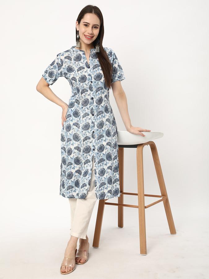 Women Cotton Regular Fit Mandarin Collar Printed Kurta