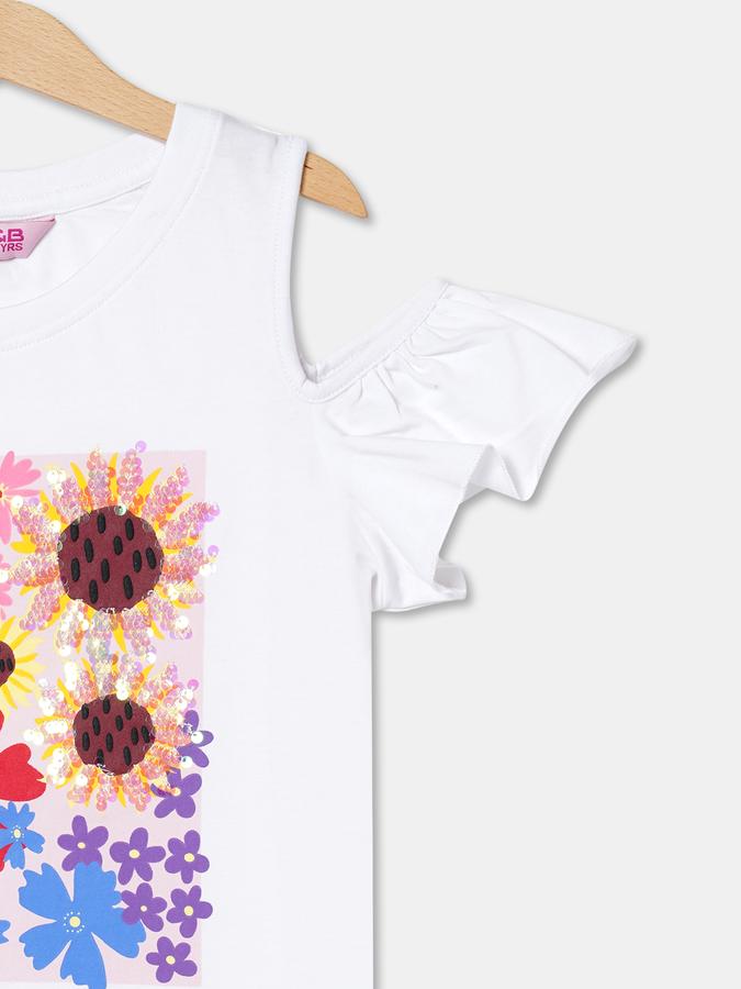 Girls Cotton Regular Fit Crew Neck Cold Shoulder Graphic Top