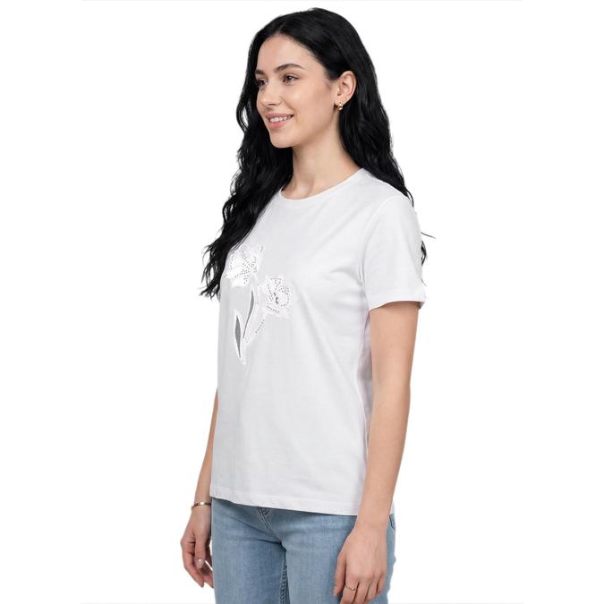 R&B Women White Cotton Printed Round Neck T-Shirt