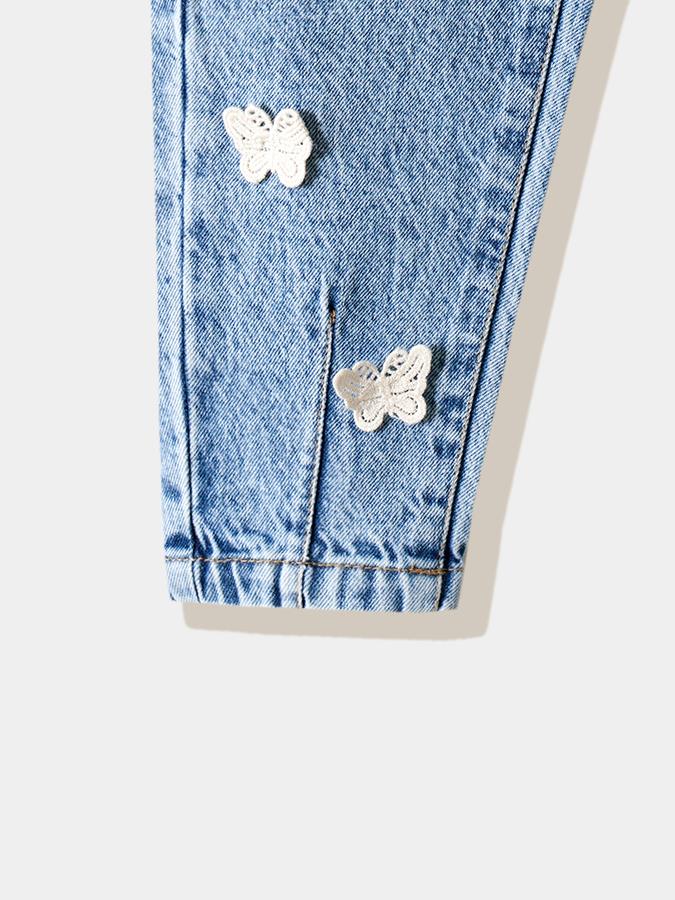 Girls Cotton Regular Fit Elastic Waist Embroidered Jeans