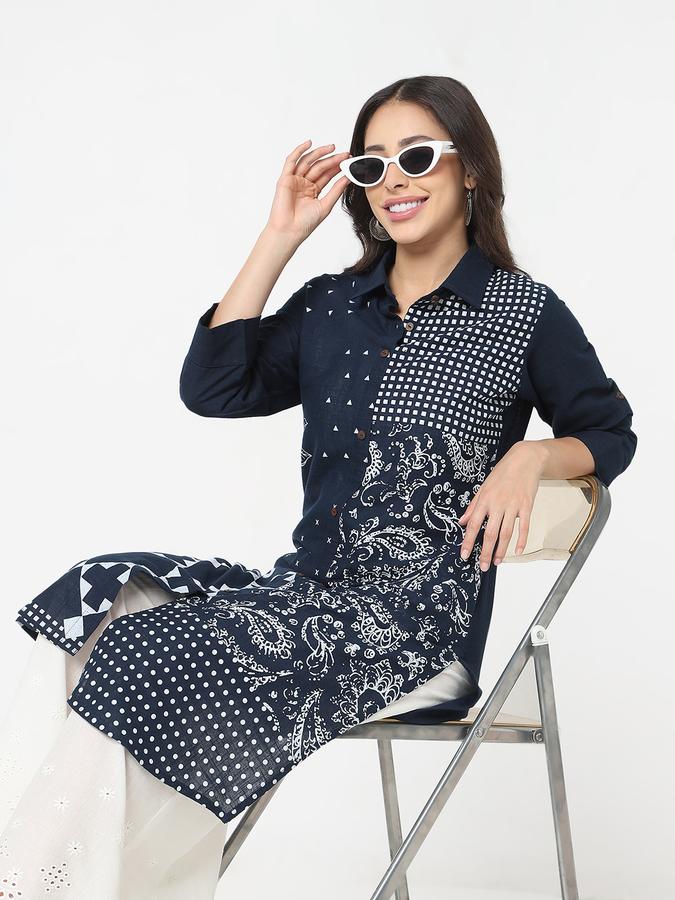Women's regular fit casual patch work printed collared straight kurta with 3/4th sleeves 