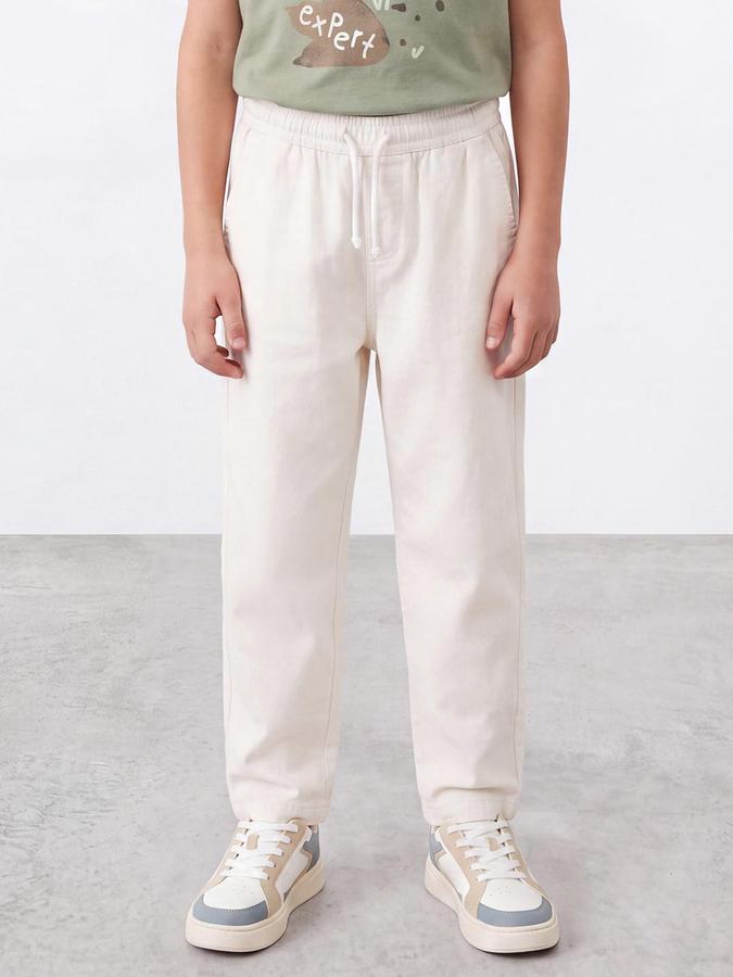 R&B Boys Ivory Solid Pure Cotton Trousers with Drawstring Waist