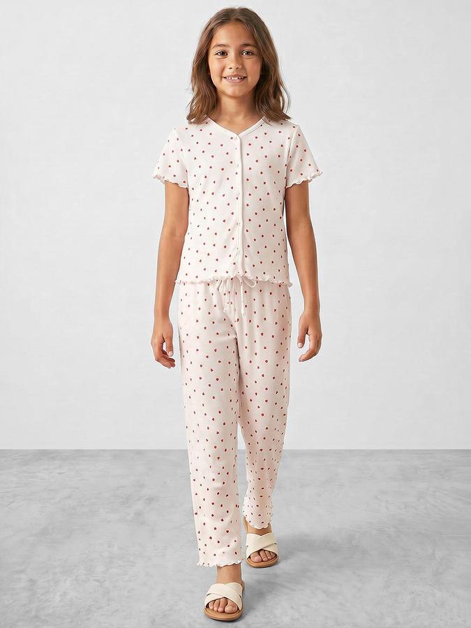 R&B Girls Off White Printed Round Neck Short Sleeves Pure Cotton Shirt &amp; Pyjamas Set
