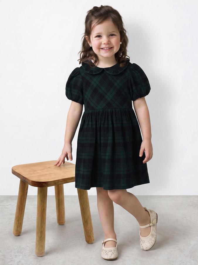R&B Girls Green Checked Frilled Collar Dress