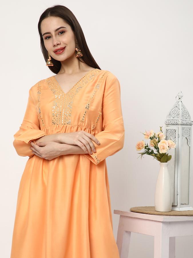 Women Polyester Blend Regular Fit V Neck Embellished Kurta