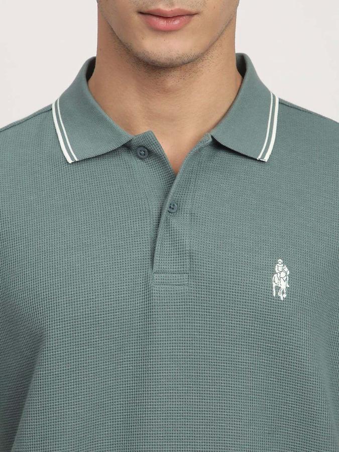 R&B Mens Pine Green Self Design Polo Collar Short Sleeves T-shirt