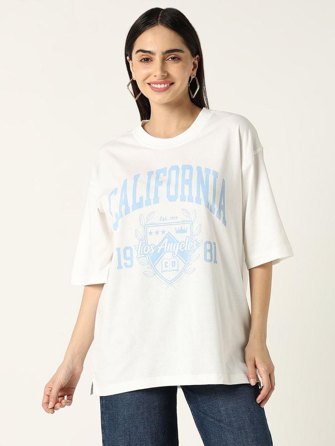 R&B Womens White Typography Printed  Round Neck Short Sleeves T-shirt