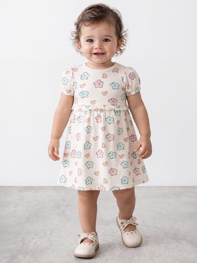R&B Girl Beige Round Neck Printed Dress