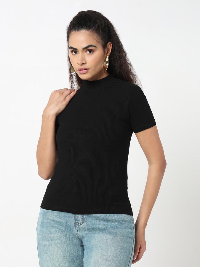 Women Viscose Slim Fit High Neck Ribbed Top