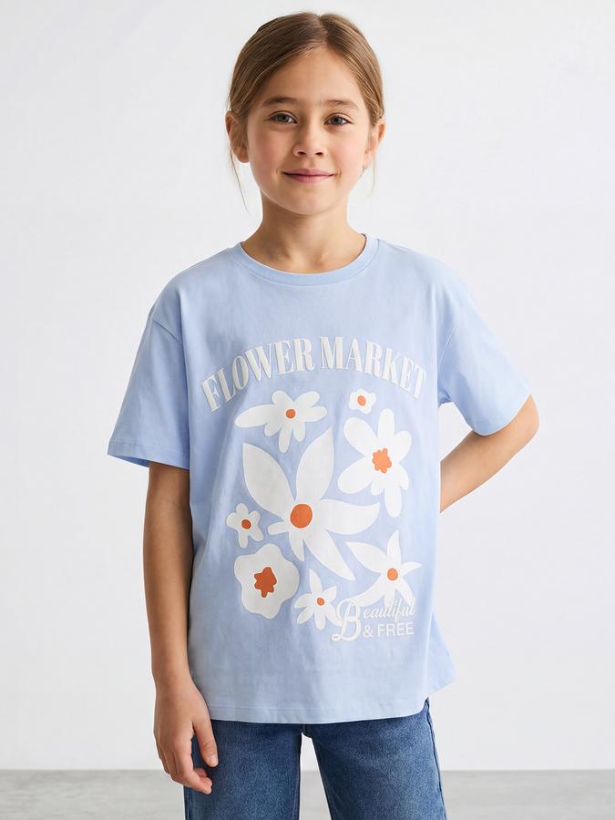 R&B Girls Blue Regular Fit Floral Print Short Sleeve T-shirt