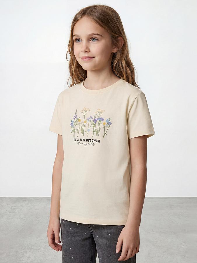 R&B Girls Yellow Regular Fit Floral Print Short Sleeve T-shirt