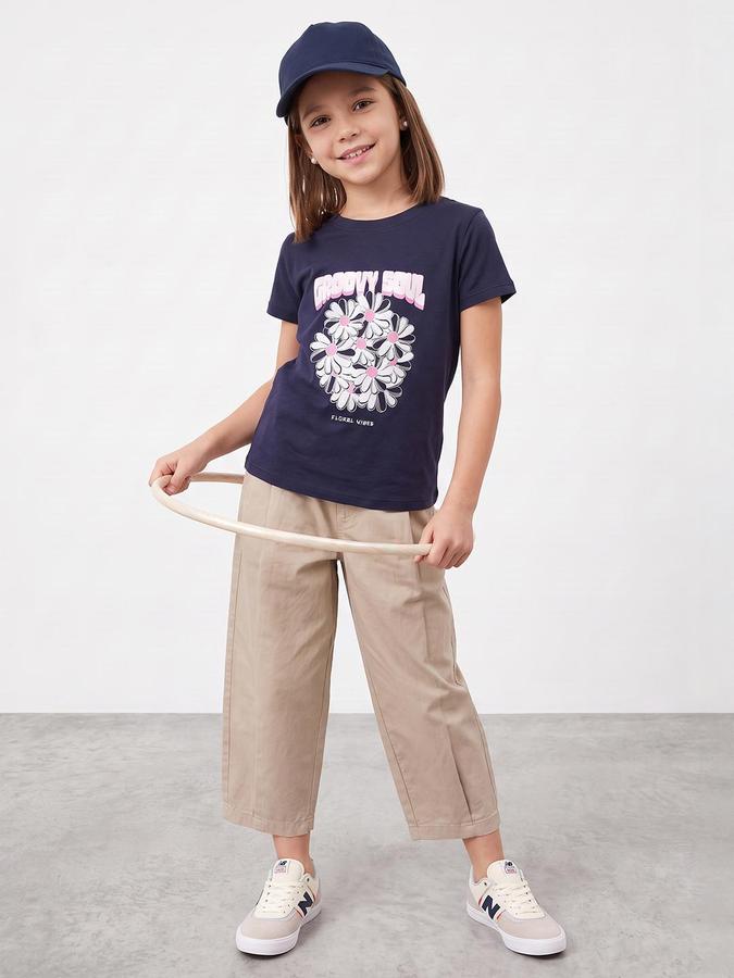 R&B Girls Navy Graphic Print Short Sleeves Round Neck Pure Cotton T-Shirt