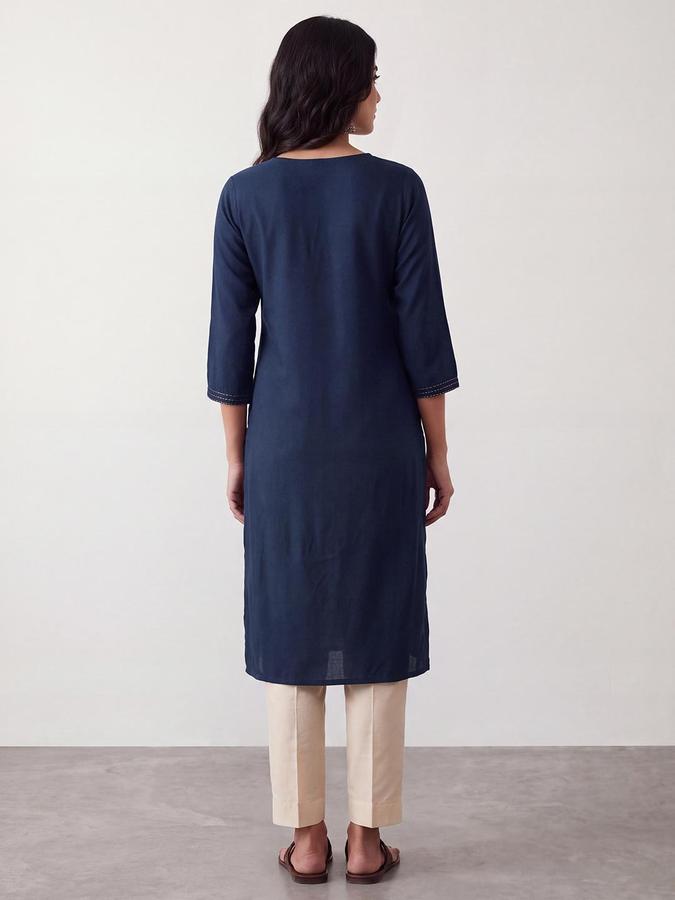 R&B Women Teal Blue Ethnic Motif Round Neck 3/4 Sleeve Straight Kurta