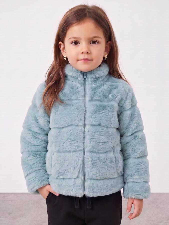 R&B Girls Teal Self Design Mock Collar Long Sleeves Fur Jacket