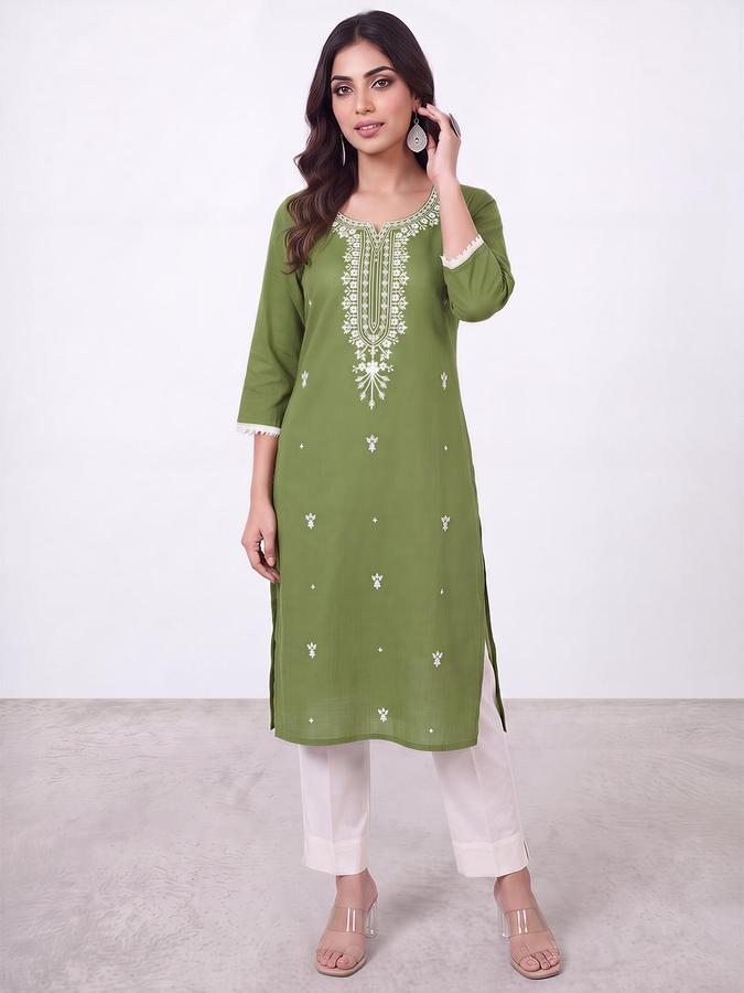 R&B Women Green Floral Embroidery Round Neck Three-Quarter Sleeves Ethinic Kurta