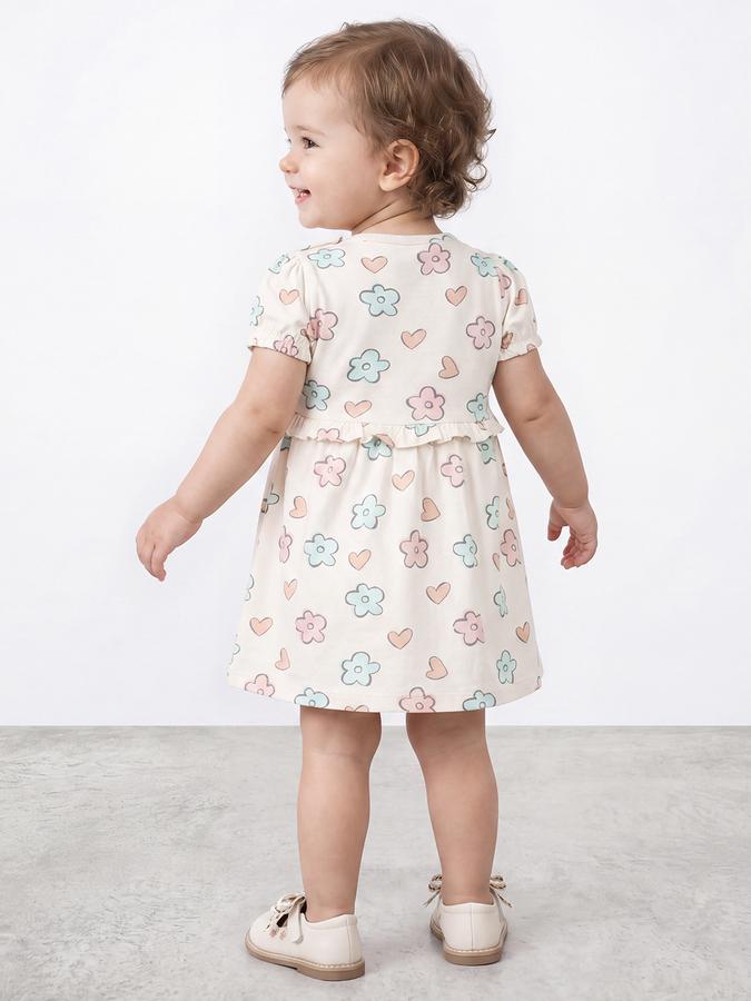 R&B Girl Beige Round Neck Printed Dress