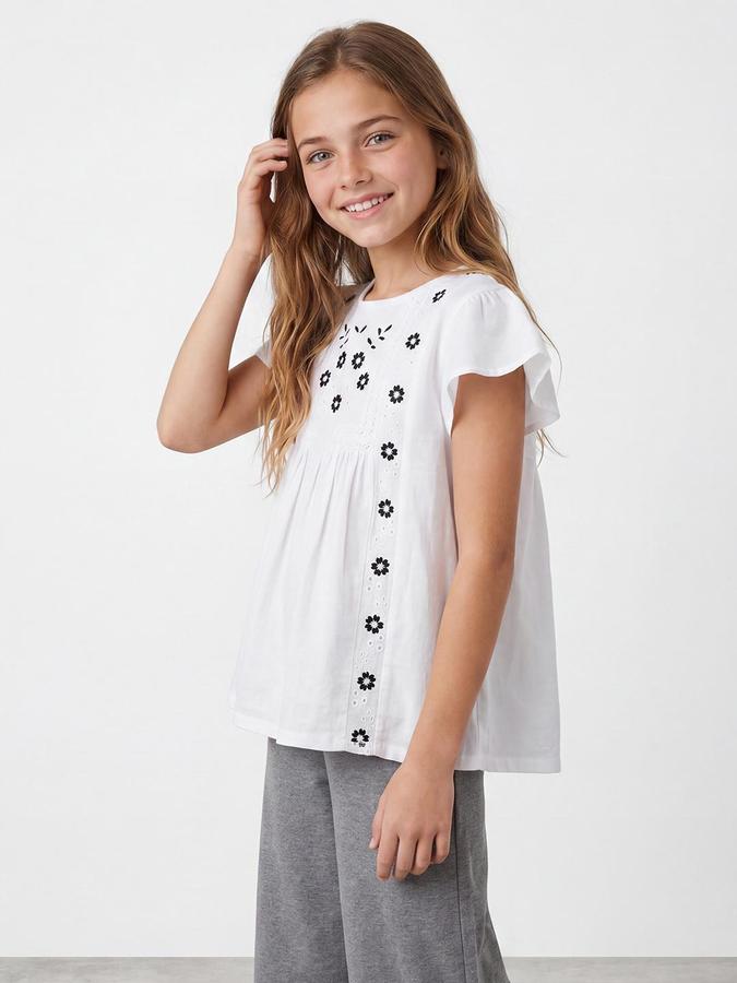 R&B Girls White Embroidered Regular Fit Short Sleeves Top
