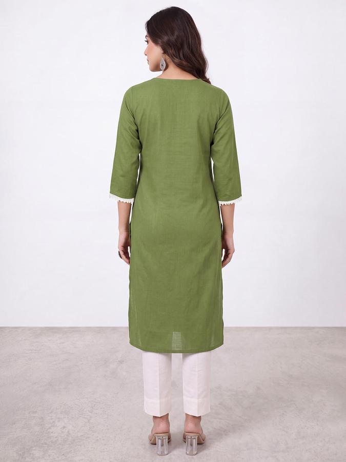 R&B Women Green Floral Embroidery Round Neck Three-Quarter Sleeves Ethinic Kurta