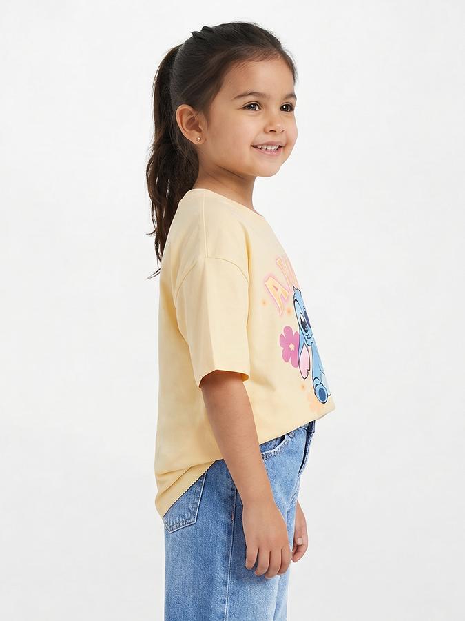 R&B Girls Yellow Regular Fit Stitch Printed Short Sleeve T-shirt