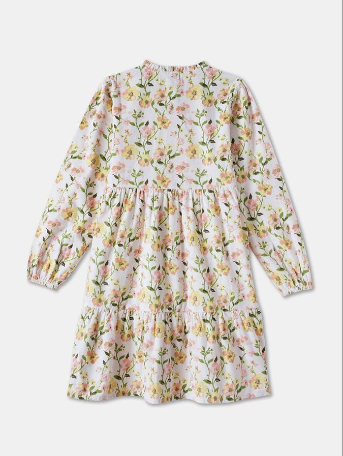 R&B White Floral Printed Girls Long Sleeves Dress