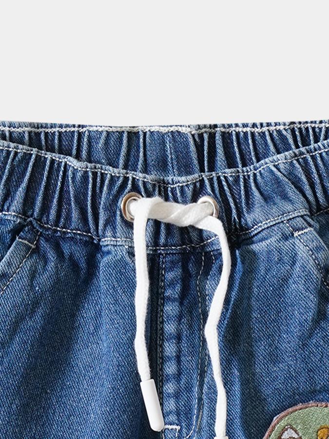 Boys Cotton Relaxed Fit Drawstring Waist Embroidered Jeans
