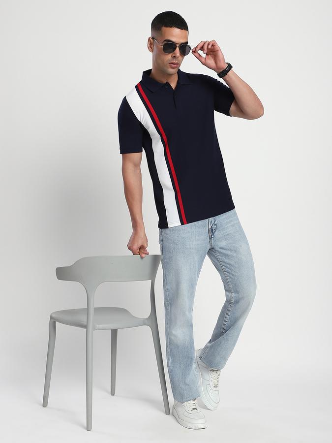 Men Cotton Blend Slim Fit Polo Neck Color Block T-shirt