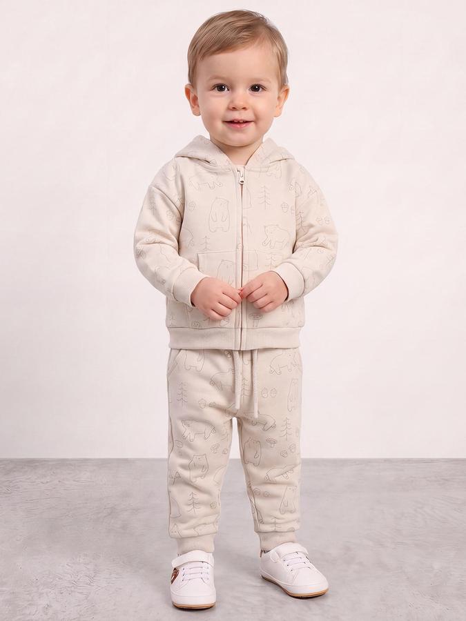 R&B Boys Long Sleeve Hooded Bear Print Beige Hoodie and Jogger Set