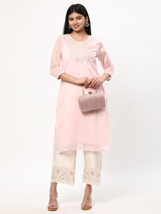 Women Polyester Regular Fit Round Neck Embellished Kurta