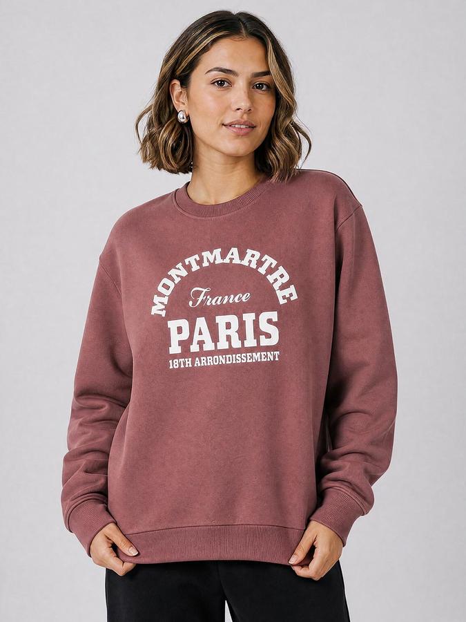R&B Women Dusty Rose Varsity Typography Round Neck Long Sleeves Relaxed Fit Sweatshirt
