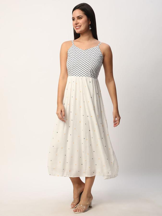 R&B Women White Chevron Sleeveless V-Neck Midi Fit &amp; Flare Dress