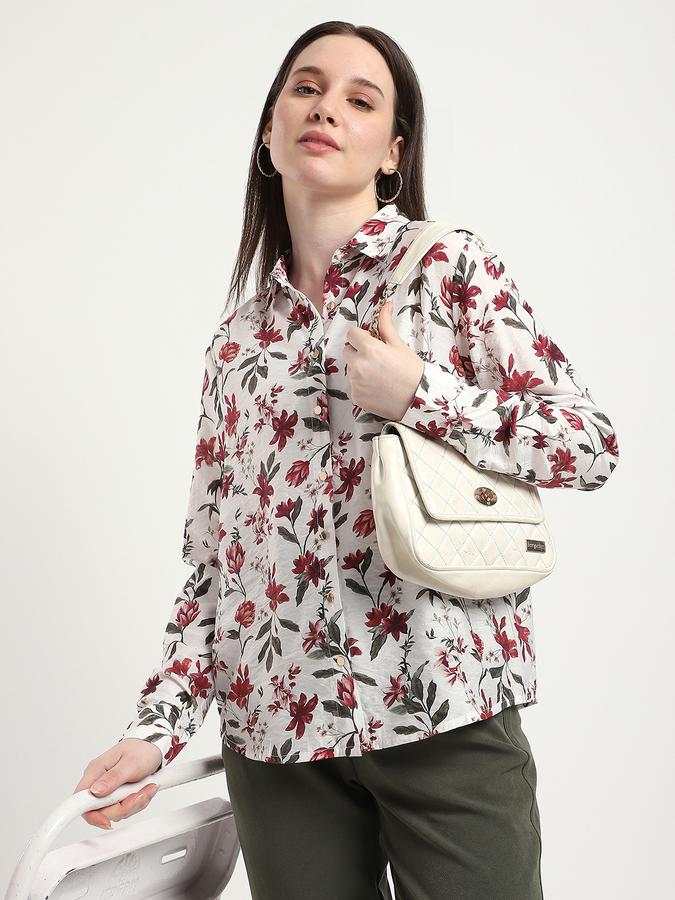 Women Polyester Regular Fit Shirt Collar Floral Top