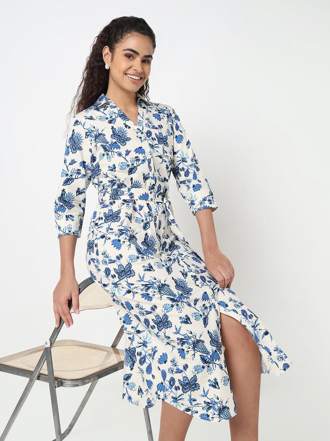 Patterned Shirt Dress with Classic Collar and 3/4 Sleeves