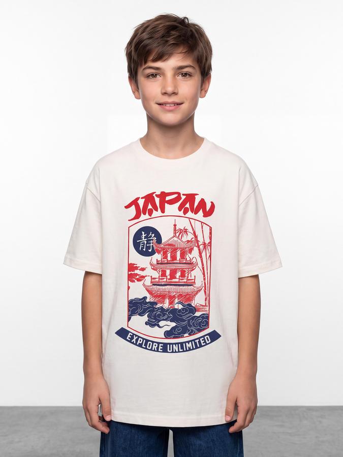 R&B Boys White Graphic Print Short Sleeves Round Neck Pure Cotton T-Shirt