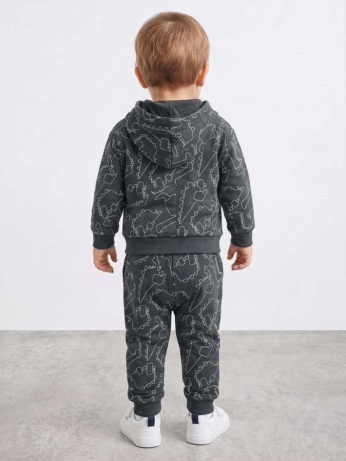 R&B Boys Long Sleeve Hooded Dinosaur Print Charcoal Hoodie and Jogger Set