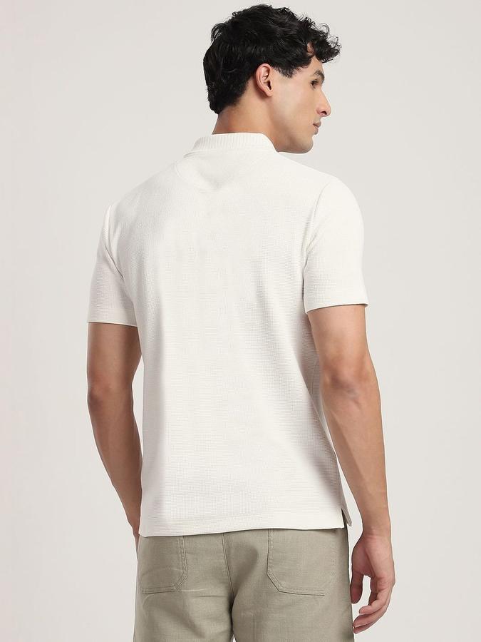 R&B Mens Ivory Self Design Polo Collar Short Sleeves T-shirt