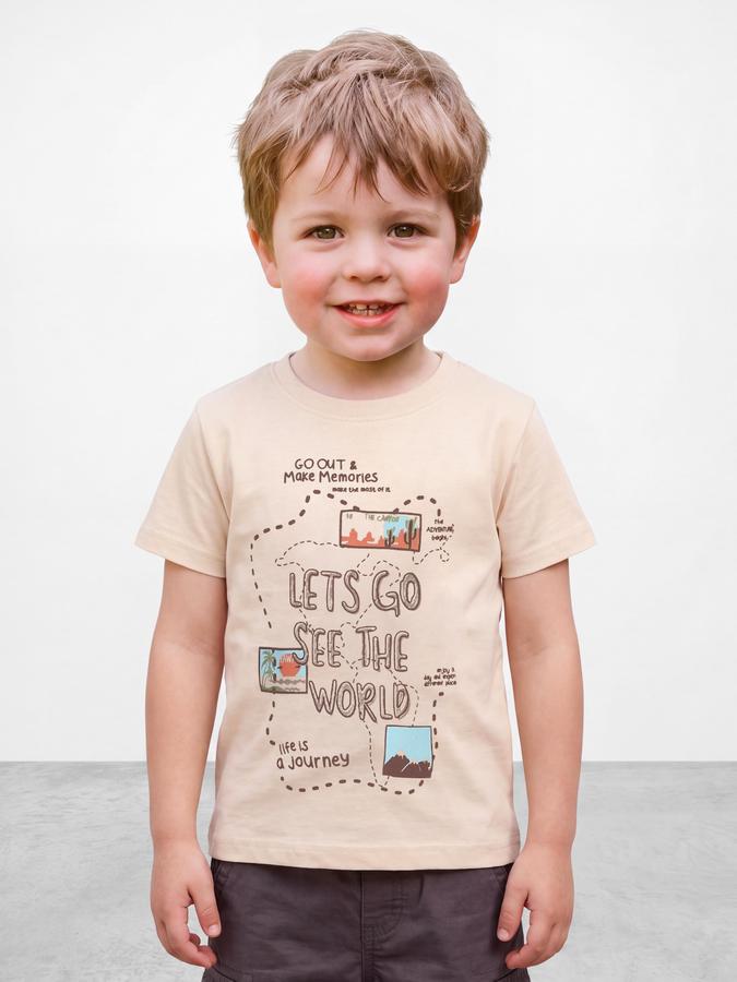 R&B Boys Light Beige Graphic Print Short Sleeves Round Neck Pure Cotton T-Shirt