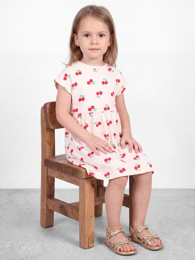 R&B Girls Cream Cherry Printed Round Neck Cap Sleeves Fit and Flare Dress