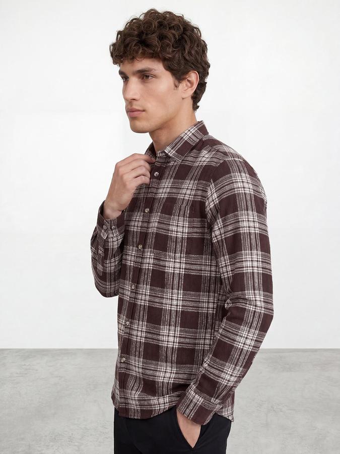 R&B Men Maroon Windowpane Checks Spread Collar Long Sleeves Regular Fit Shirt