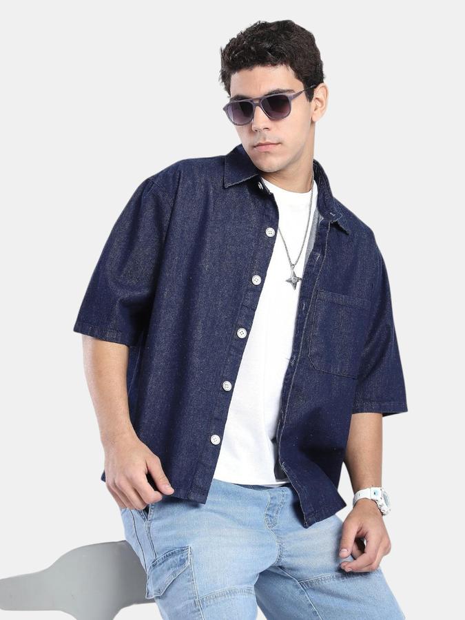 R&B  Navy Blue Solid Men Short Sleeves Relaxed Fit Shirts