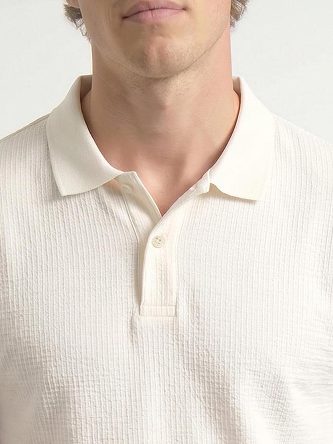 R&B Men's Beige Short sleeve Polo Neck Self Design T-Shirt
