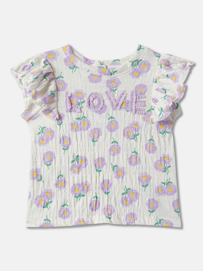 Girls Cotton Regular Fit Crew Neck Cap Sleeve Floral Top