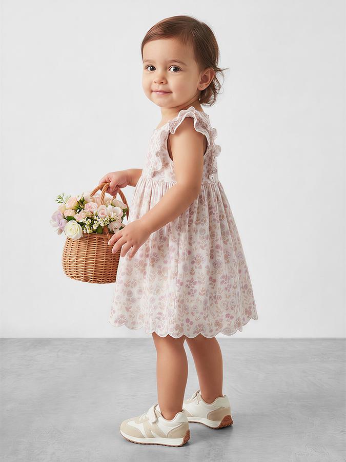 R&B Girl White Floral Print Pure Cotton Flutter Sleeves Fit and Flare Dress